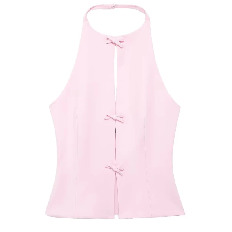 HXAO 2024 Women Fashion Bow Solid Halter Tops Women Hollow Out Sleeveless Backless Tank Top Summer 2024 Elegant Vest Office Lady