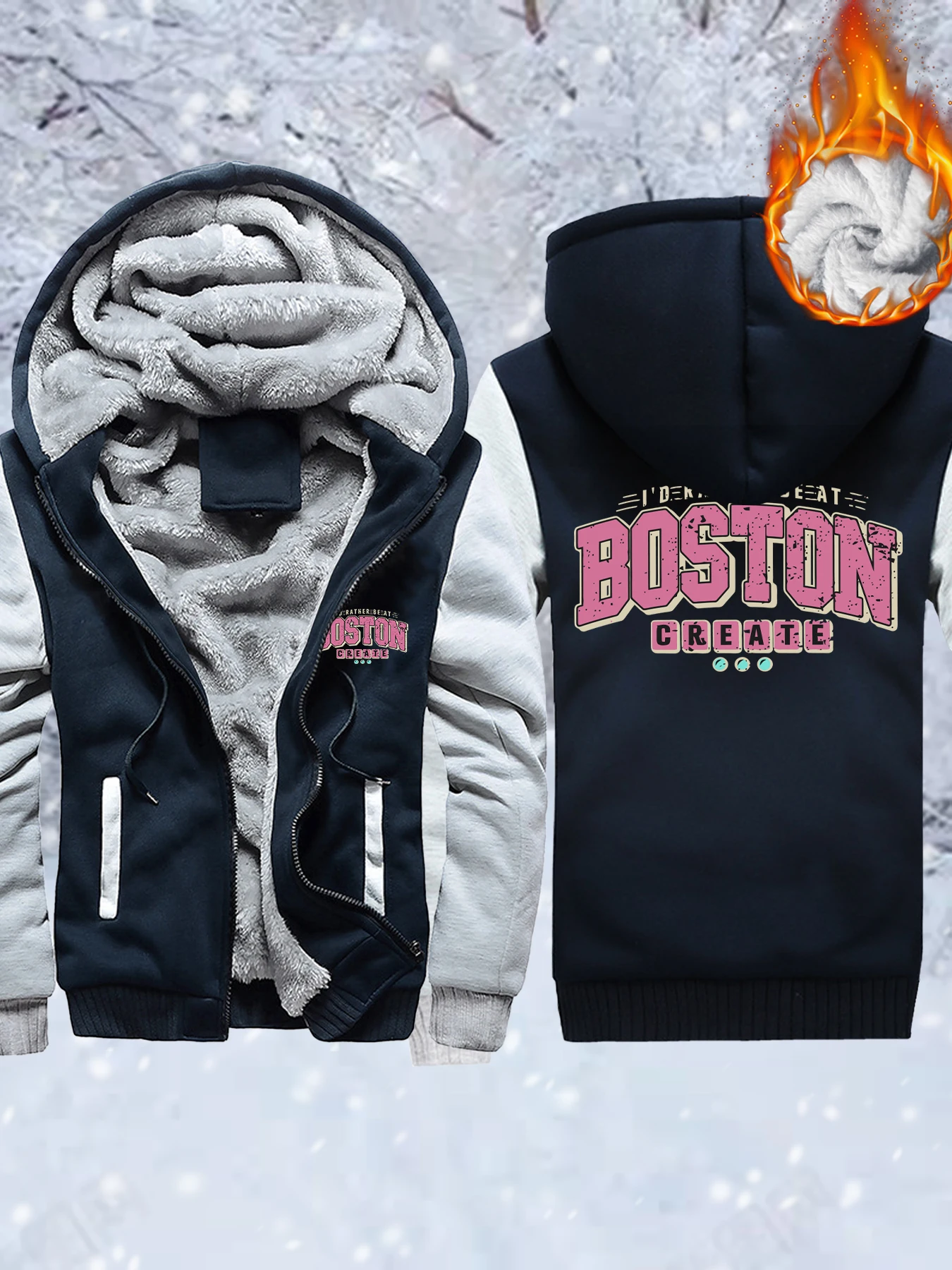 

I'D Rather Be At Boston Create Print Mens Fleece Pocket Jackets Thicken Comfy Outwear Zip-Up Winter Hoodie Warm Basics Veste