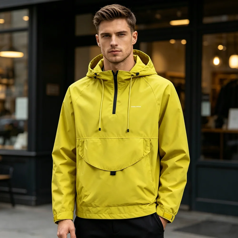 Spring Autumn Mens Anorak Jackets Fashion Man Half Zip Streetwear Hip Hop Hooded Coats Men Loose Fit Waterproof Hiking Jackets