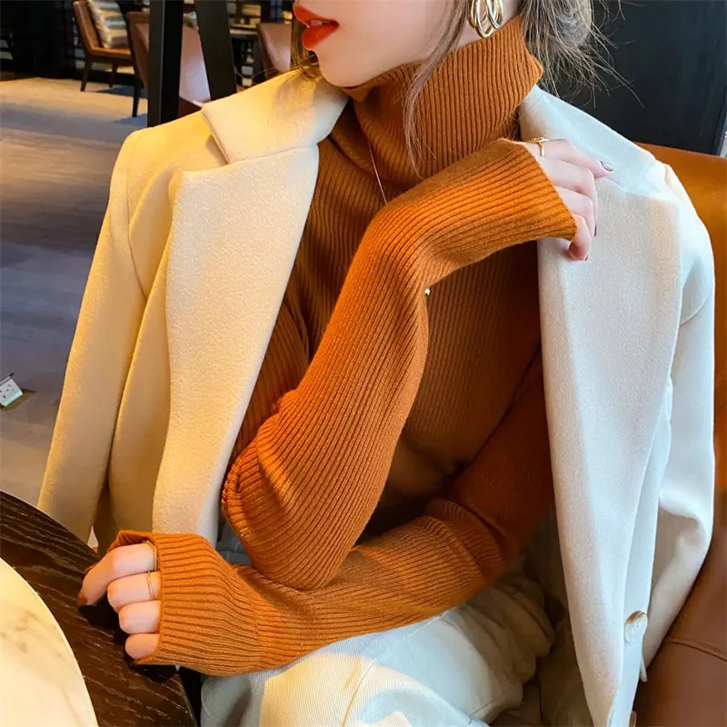 2024 New Autumn Basic Bottoming Sweater Top Women Ribbed Soft Turtleneck Long Sleeve Elastic Pullover Warm Solid Color Slim Jump