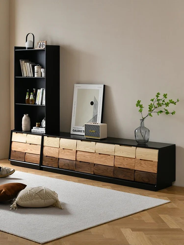 

High floor TV cabinet combination black walnut floor cabinet with drawer to store TV shadow