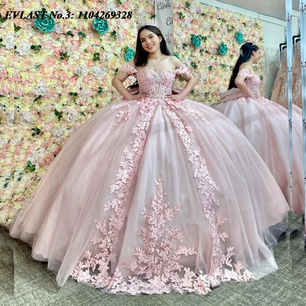 EVLAST Customized Shiny Lace Pink Quinceanera Dress Ball Gown Applique Beading Corset Bow Sweet 16 Vestido De 15 Anos E3Q496