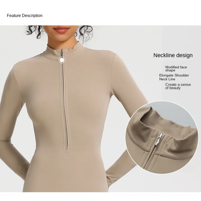 

European American Style Zipper Long Sleeve Long Pants One-Piece Slim Fit Women Hip Lift Exercise Fitness Yoga Wear Sportswear