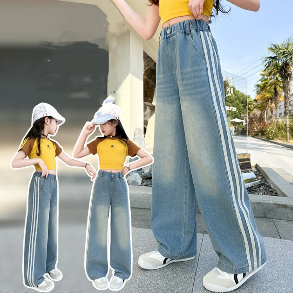 

Джинсы для девочек, весна-лето, повседневные детские широкие брюки, модные джинсовые брюки в корейском стиле для детей 4–14 лет, детская одежда