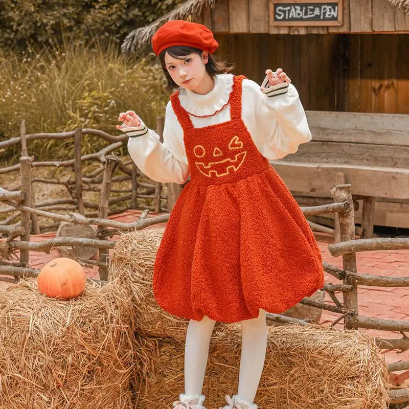 

Милая и милая тыква на Хэллоуин, забавная юбка с бретельками, водолазка, свитер, осенне-зимний новый комплект из двух предметов