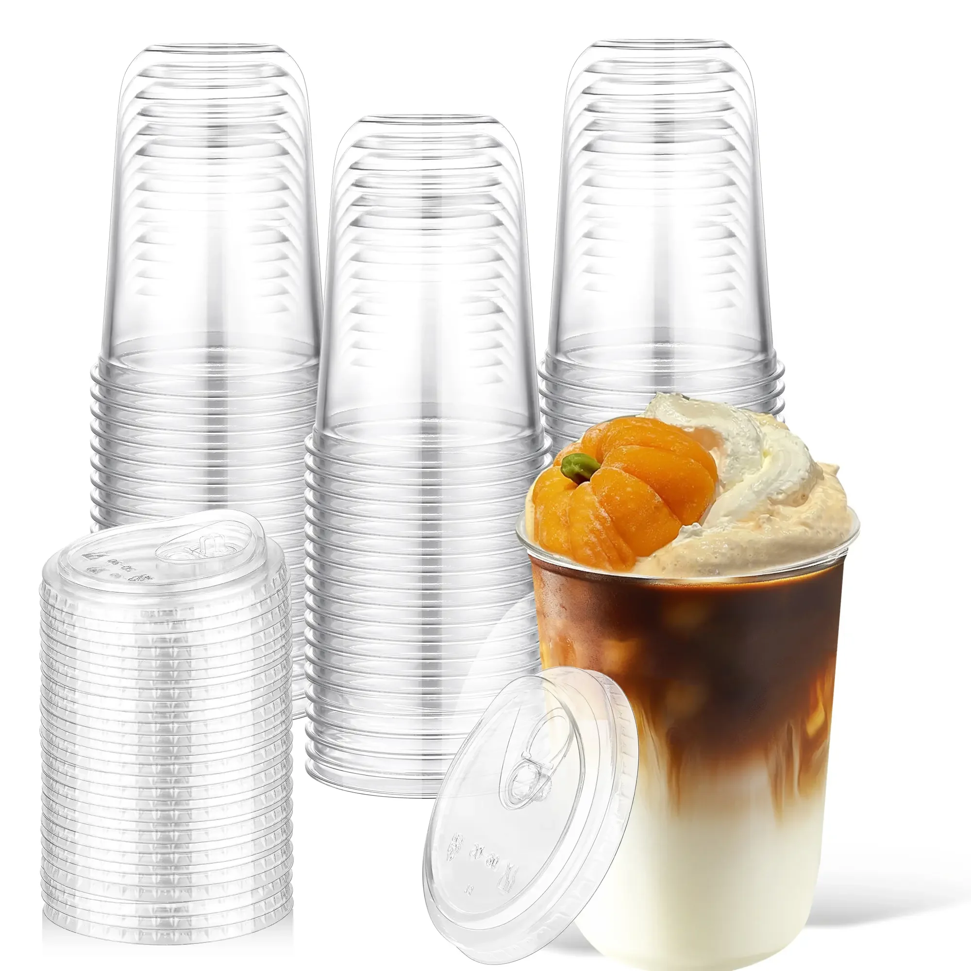 50‑Pack Disposable Clear Plastic Iced Coffee Cups, 2 Sizes 12oz(300ML)/16oz(400ML), Strawless Sip Lids, To‑Go Cups for Cold Drinks, Smoothies, Milkshakes, Lemonade & Bubble Tea, for Party, Wedding & Catering Events