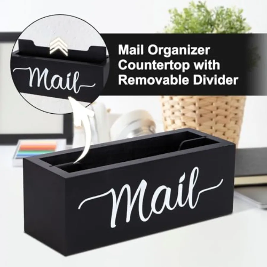 Desk Mail Organizer, Mail Organizer Countertop, Wood Desk Mail Storage Box, Envelop Holder for Home Office Black-2 slot - view 2