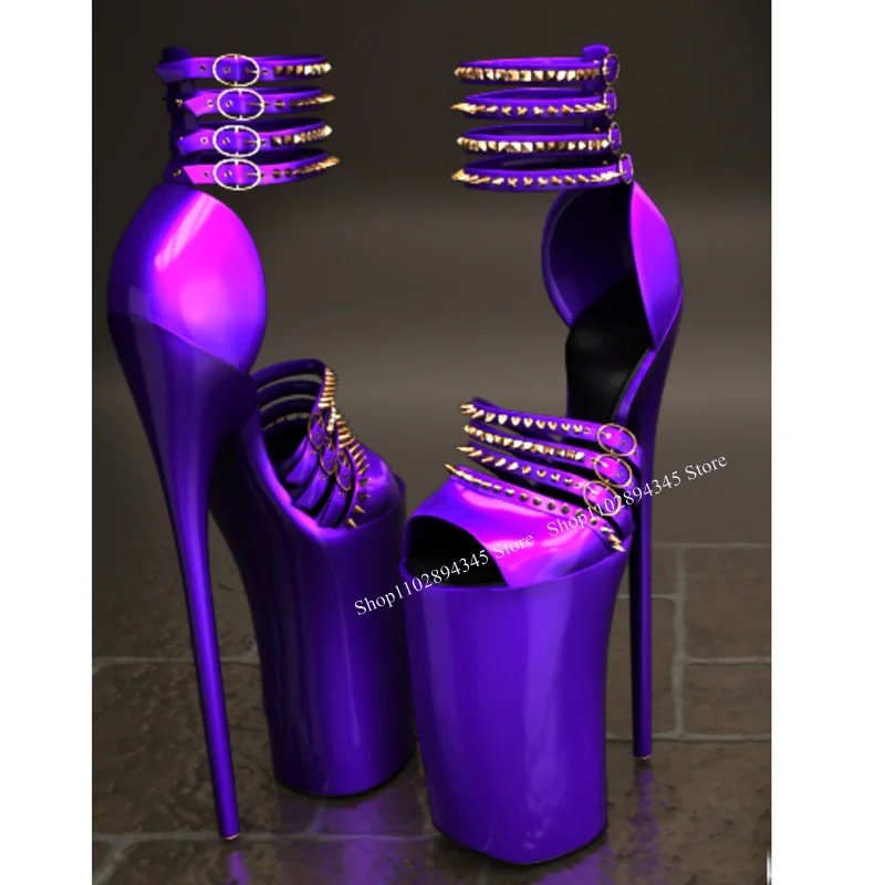 

Purple Rivet Buckle Matte Sandals Thin High Heel Peep Toe Fashion Sexy Cool Summer Big Size 2025 Woman Shoes Zapatillas Mujer