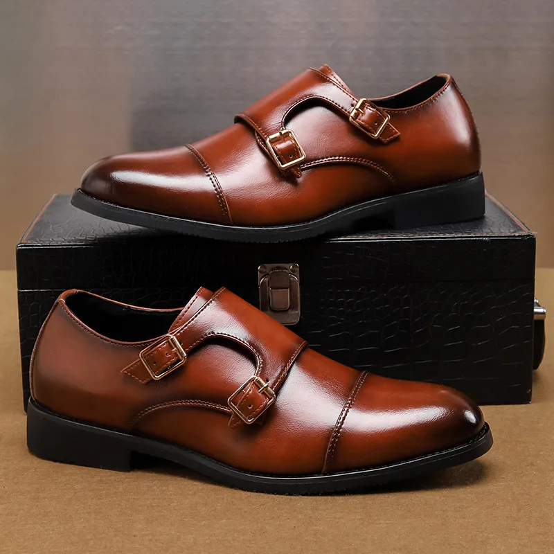 

2025 Monk Shoes Slip On Men Dress Shoes New Classic Leather Oxfords For Wedding Party Business Flat Shoes Men's Loafers