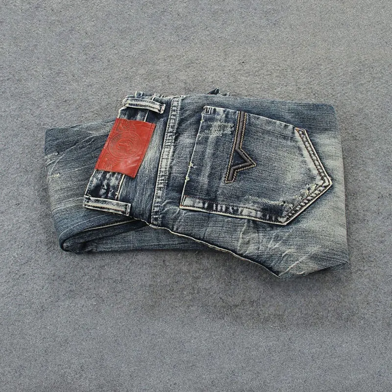 Street Fashion Men Jeans Retro Washed Blue Stretch Slim Fit Ripped Jeans Men Embroidery Patched Designer Vintage Denim Pants