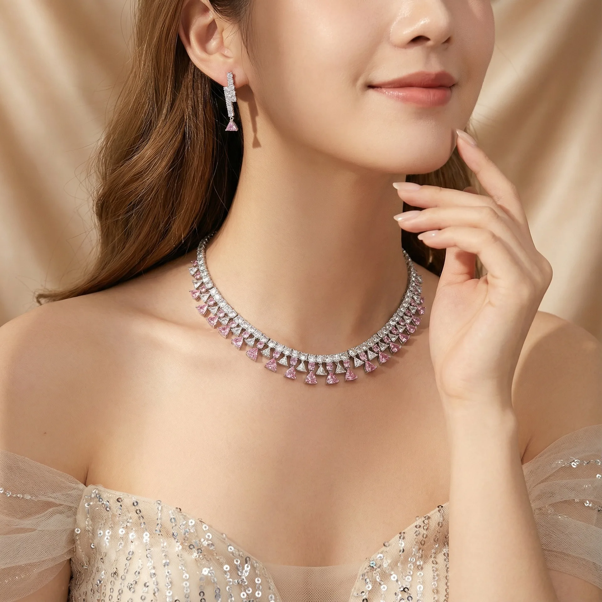Silver Plated CZ Pink Triangles Square Tennis Choker Necklace Earrings Jewelry Sets for Women Wedding Party Dress