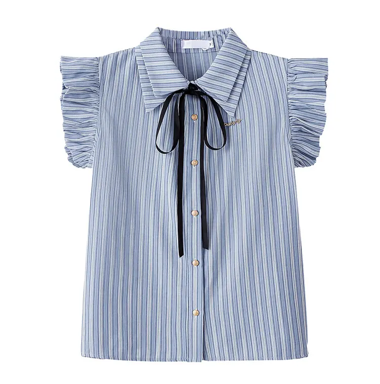 

Preppy Style Striped Ruffle Sleeve Shirt for Women Spring Summer New Polo Collar Bow Tie Blouse Cute College Aesthetic Top