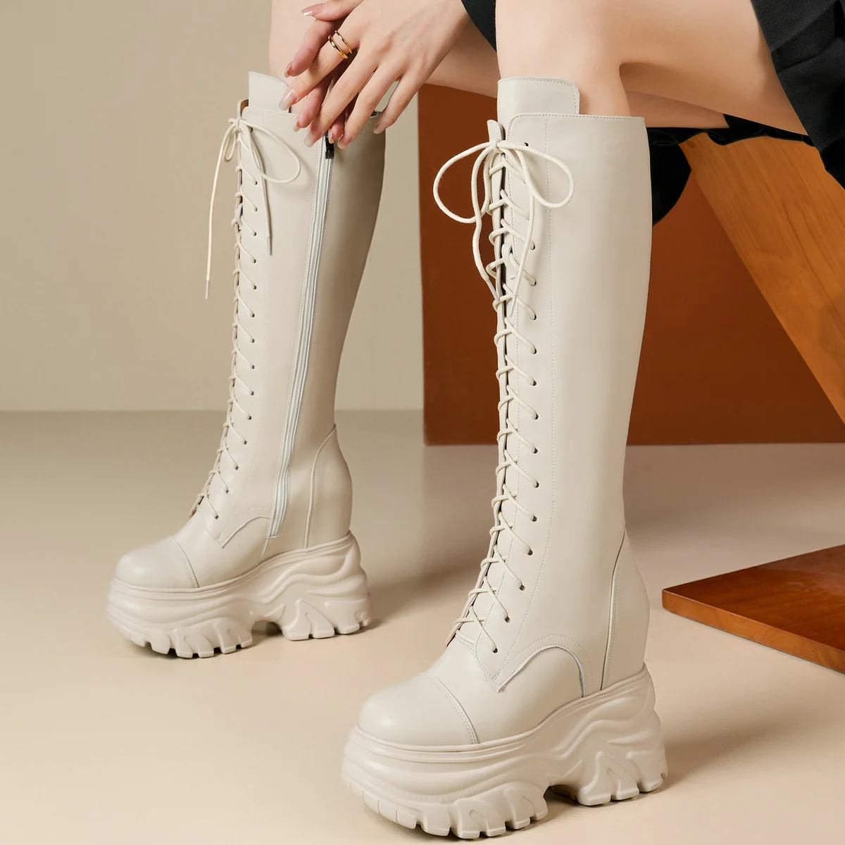 

Winter Platform Pumps Women Genuine Leather Wedges High Heel Thigh High Snow Boots Female Round Toe Fashion Sneaker Casual Shoes