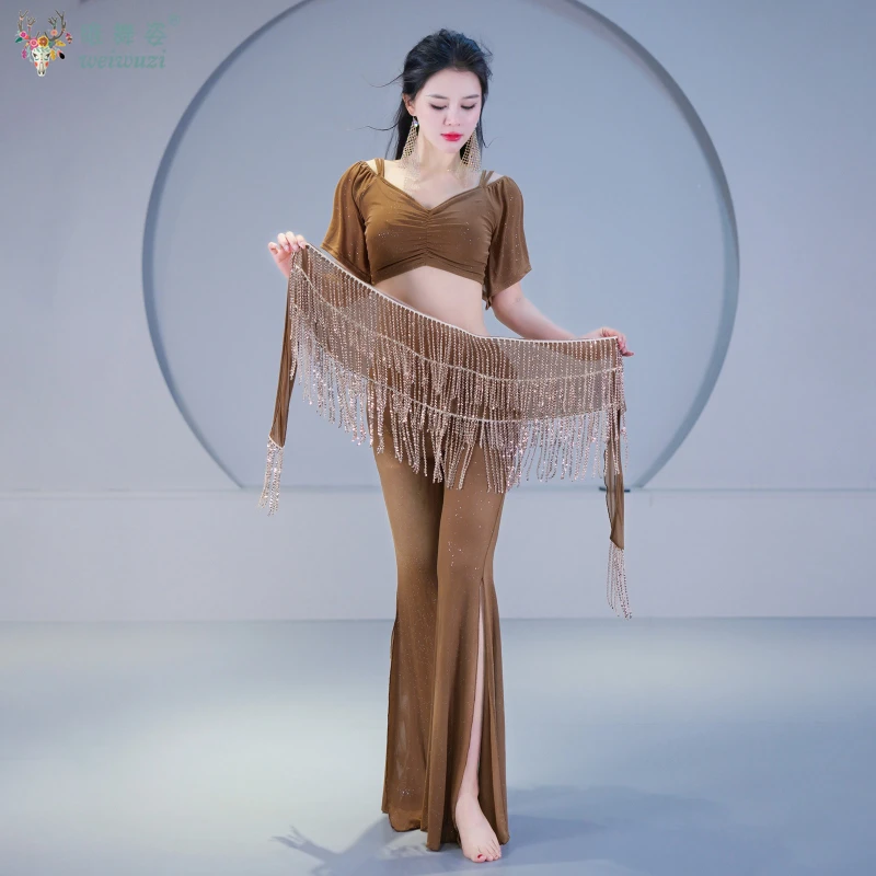 Tenue de danse du ventre à franges pour femmes, 3 pièces, Costume de danse orientale, équipe de base, strass scintillants, pantalons longs, haut en gaze, nouvelle collection