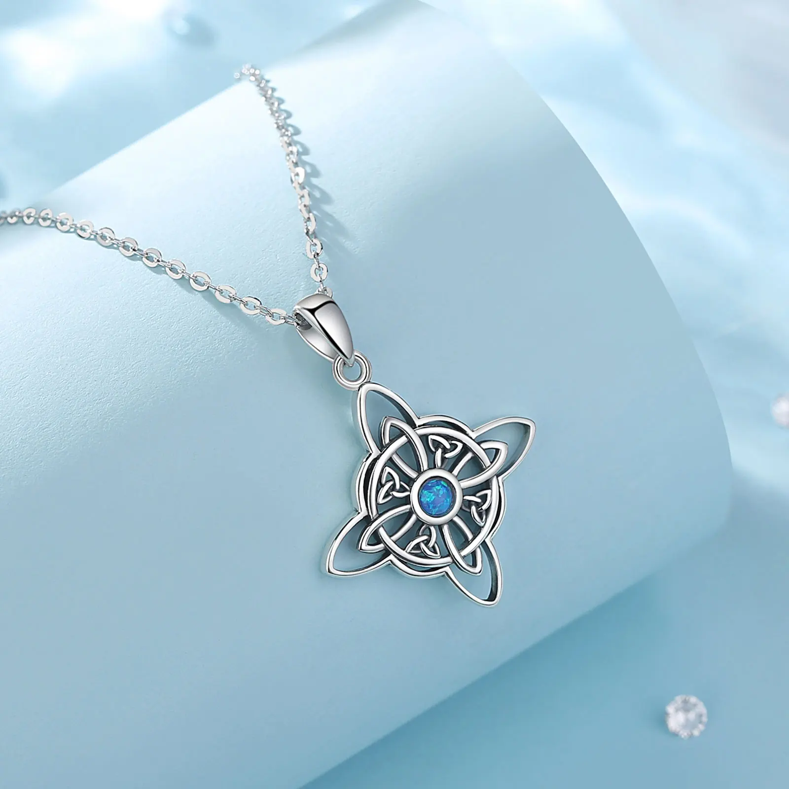 AEONSLOVE 925 Sterling Silver Witch Knot Necklace for Women Blue Opal Celtic Knot Pendant Amulet Witchcraft Jewelry Gifts