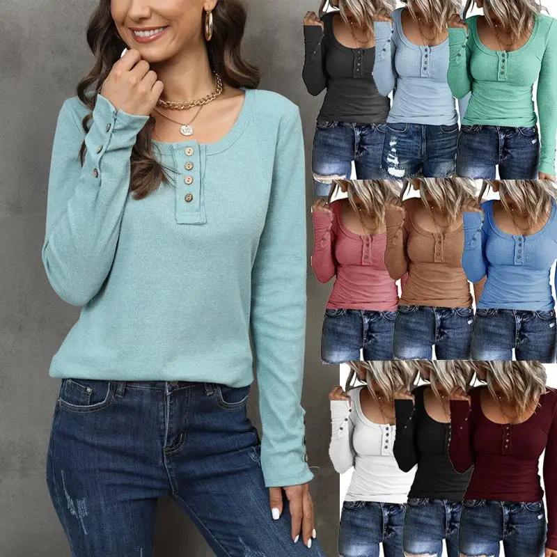 

Ele Women's Long Sve Vest T-irt Color Collar Slim Fit Polyester Top Faionable Lady's Basic Color Crew Ne