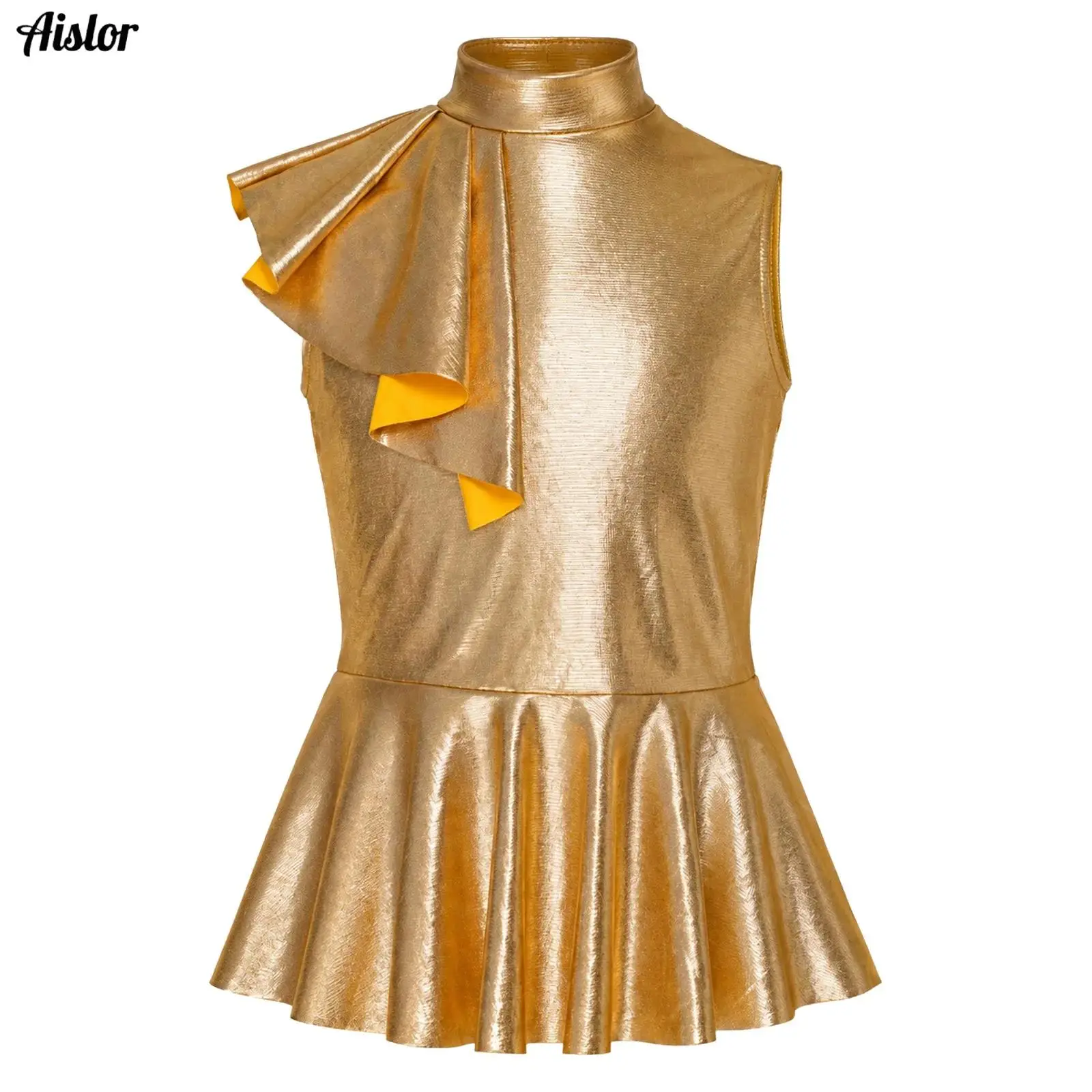 Kids Girls Jazz Dance Tops Asymmetrical Ruffles Metallic Vest Mock Neck Sleeveless Peplum T-Shirt for Party Stage Performance