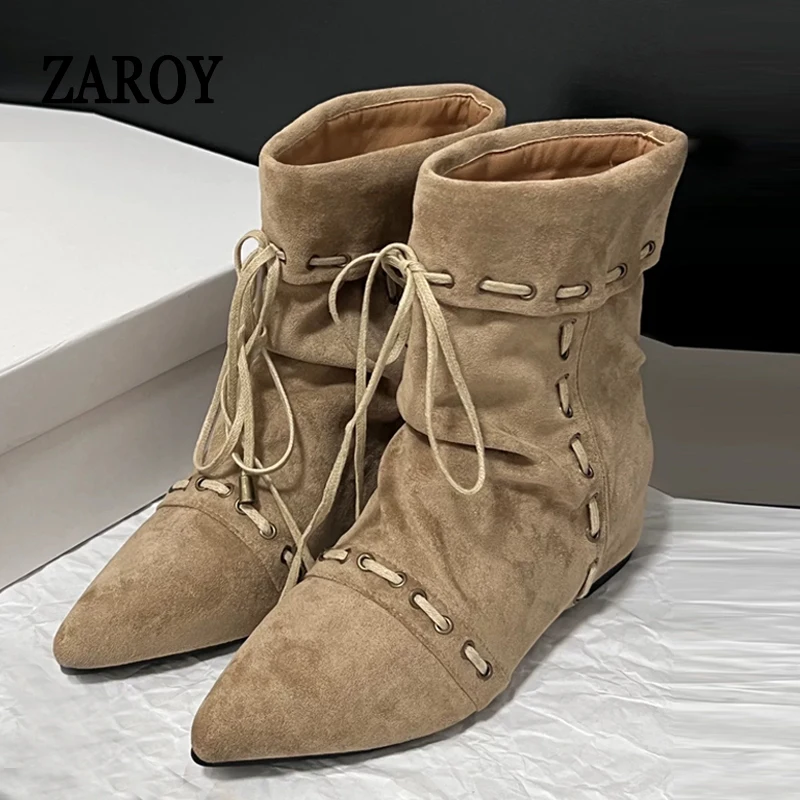 ZAROY Bottes de cowboy occidentales plissées en daim pour femme, élégantes, à bout pointu, rehaussantes, à lacets croisés, modernes, bottines à la mode