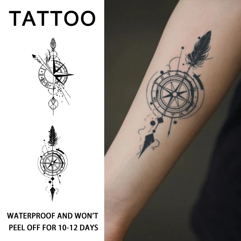 Compass and Feather Herbal Temporary Tattoo Stickers, Long-lasting Waterproof for One to Two Weeks, For Man and Women, Arm, Leg