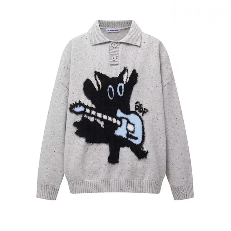 

Unisex Style Fun Cat Playing Guitar Polo Collar Sweater in Burgundy/Gray Two-Tone + Plush 3D Pattern, Essential for Autumn and Winter Daily Wear/Leisure Outings, Plush Cat Playing Guitar Pattern Full of Personality and Fun, Polo Collar Design Combines Cas