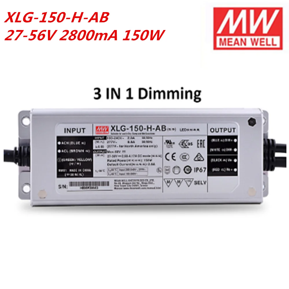 

MEAN WELL XLG-150-H-AB 27-56V 2800mA 150W Meanwell power Supply adjustable IP67 constant power LED Driver PFC 3 in 1 Dimming