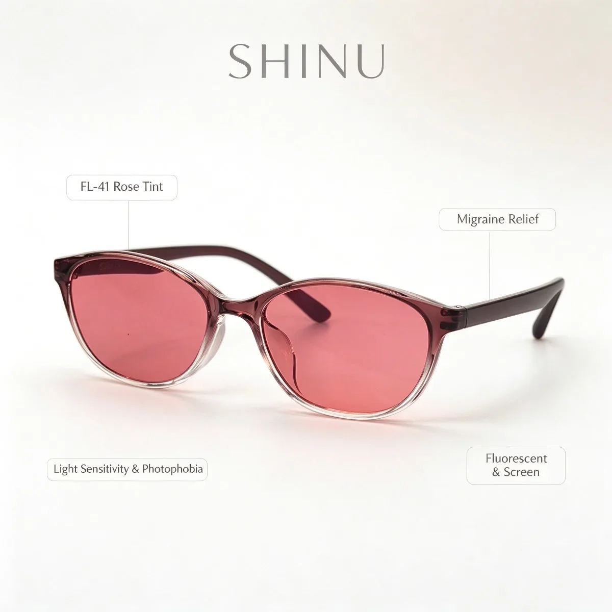 SHINU FL-41 Rose Tint Glasses for Migraine & Light Sensitivity, Photophobia Relief Fluorescent Light Computer Screen Eye Strain