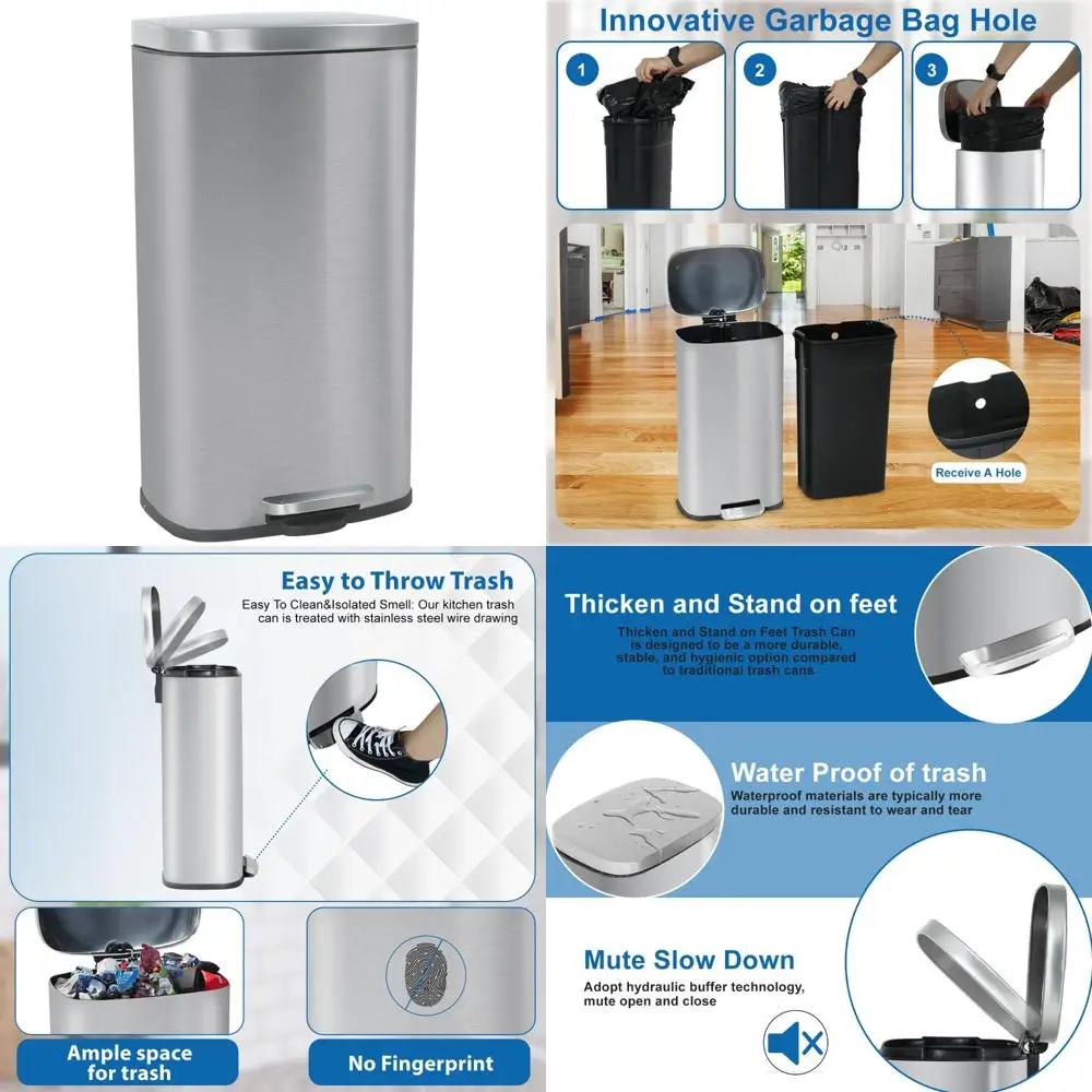 

Stainless Steel 8 Gallon Trash Can with Removable Bucket, Foot Pedal, Soft Close for Home and Office Use