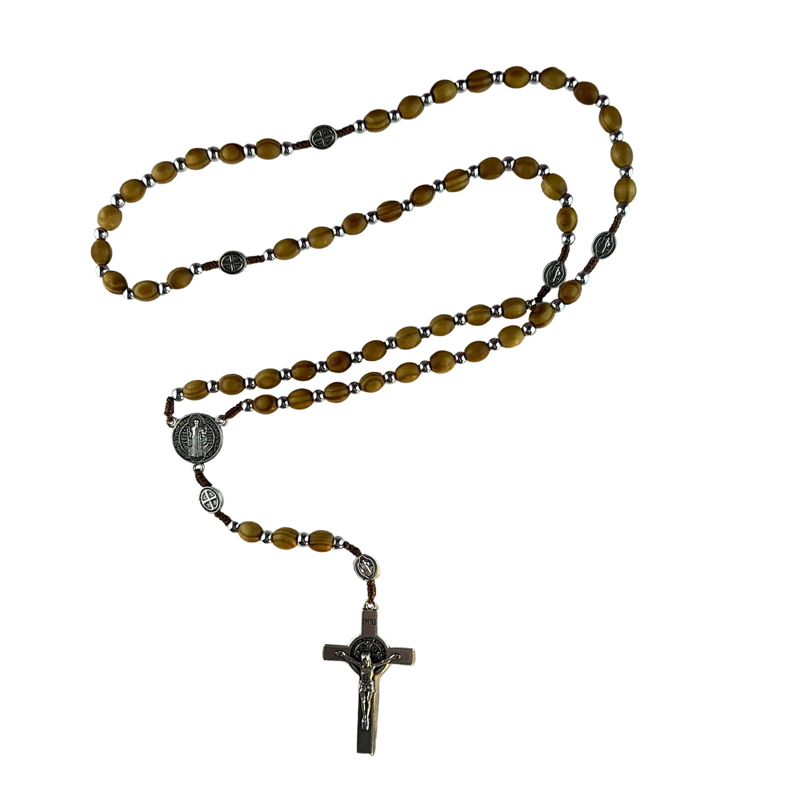 

Rosaries For Men,Our Father Sacred Handmade Wood Bead Rosary Necklace with St Benedict Crucifix Cross