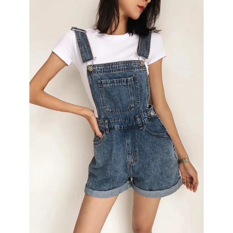 2024 Summer Korean Student Versatile Denim Backstrap Shorts Women Wide Leg Playsuits Loose Rolled Rompers Girl Jumpsuit Overalls