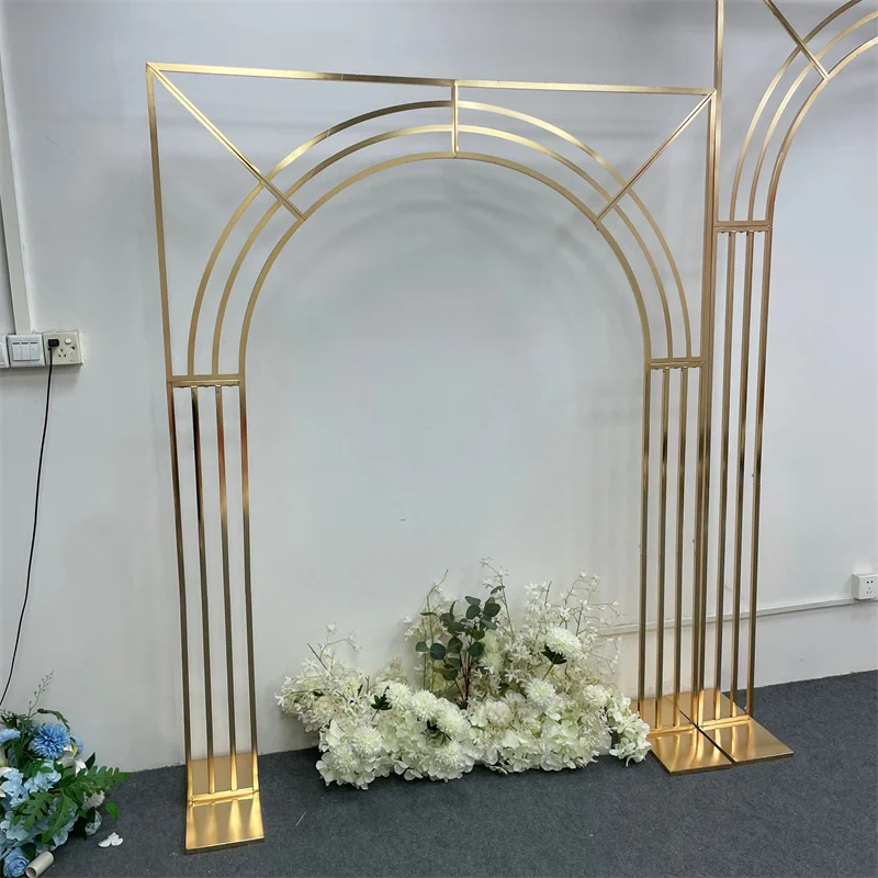 Neuer vergoldeter, gebogener Mehrstangen-Bildschirm-Hintergrundständer, ein dekorativer Bogen für Hochzeiten und Partys mit Blumenständer-Funktion. – Detail 6
