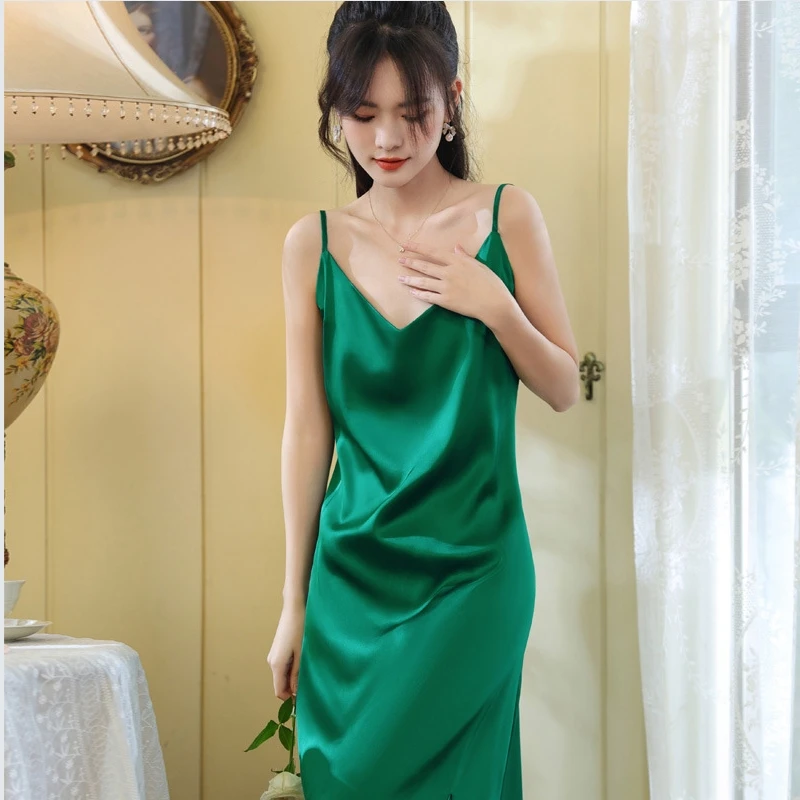 Strap top Sleeping Skirt Women's Summer Imitation Silk Palace Style Home Clothes V-neck Comfortable Ice Silk Pajama Breathable L