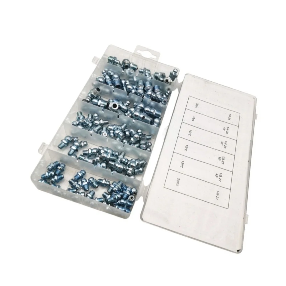 110 Piece Grease Fitting Assortment with Zinc Plated Steel Straight Angled Nipples for Workshop and Garage Use