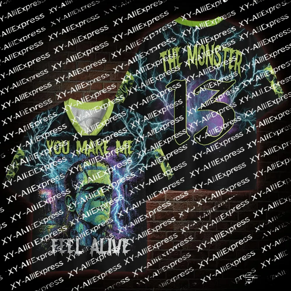 Retro Monster Mesh Hockey Jersey, Vintage Lightning Horror Creature Pattern, V-Neck Street Halloween Casual T-Shirt