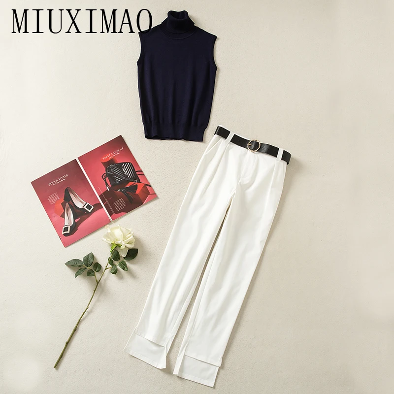 

MIUXIMAO 2022 High Quality Autumn&Winter Elegant Set Sleeveless Choker Solid Sweater + Pan Fashion Two Piece Set Women Vestide