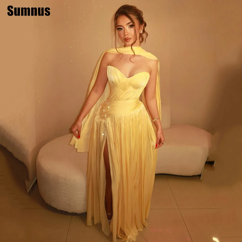 

Sumnus Charming A-Line Prom Dresses Yellow Sweetheart Beading Pleats Draped High Split Maxi Evening Dresses فساتين Customized