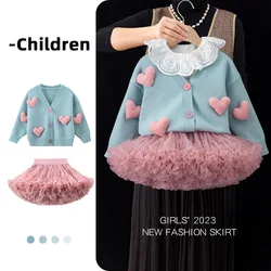 Blue plaid children's clothing girls long-sleeved cardigan autumn 2024 new style sweater children's baby woolen love coat