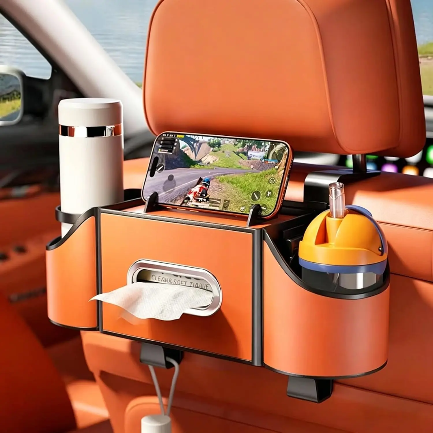 Backseat Car Organizer with Cup Holder & Tissue Box,4 in 1 Car Seat Storage Organizer with Hooks,Seat Back Cup Holder Phone Tray