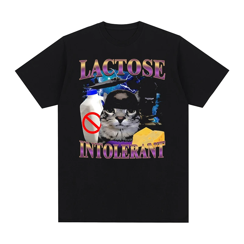 Lactose Intolerant Vintage T-shirt Funny Cat Meme Milk Makes My Tummy Hurt Cotton Men T shirt New TEE TSHIRT Womens tops
