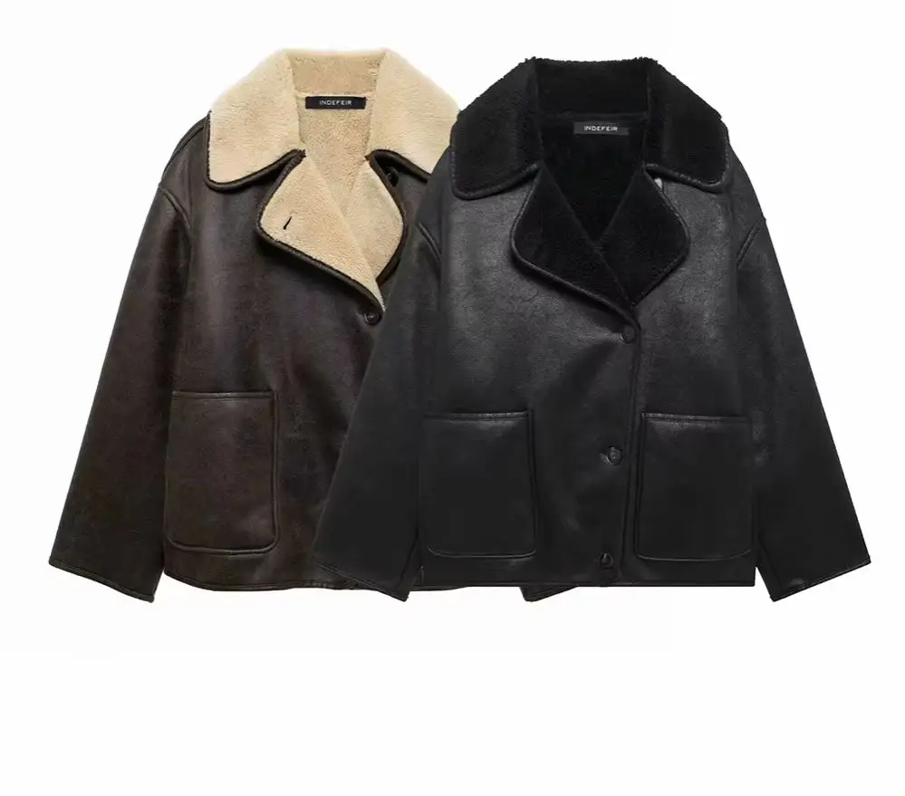 KONDALA Fashion 2024 Winter Women Streetwear Jacket Faux Fur Brown Pocket Warm Blazer Vintage High Street Oversized Chic Outwear