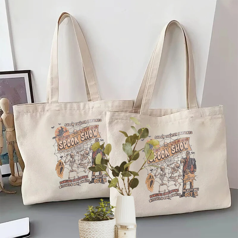 Vintage Halloween Spook Show Canvas Tote Bag Retro Skeleton Ghost Graphic Eco‑Friendly Reusable Casual Shoulder Shopping Handbag
