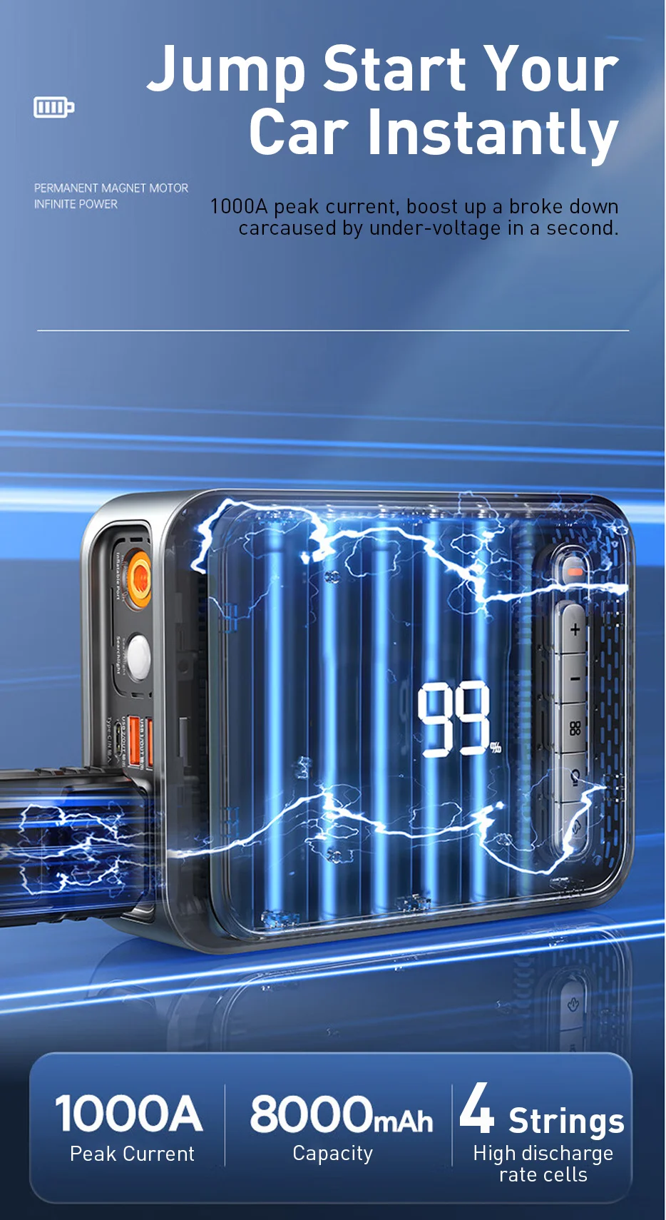 Baseus 1000A Auto-Starthilfe Powerbank 2-in-1 mit Luftpumpe, tragbarer Auto-Batterie-Booster für Notstartgeräte im Auto – Detail 7