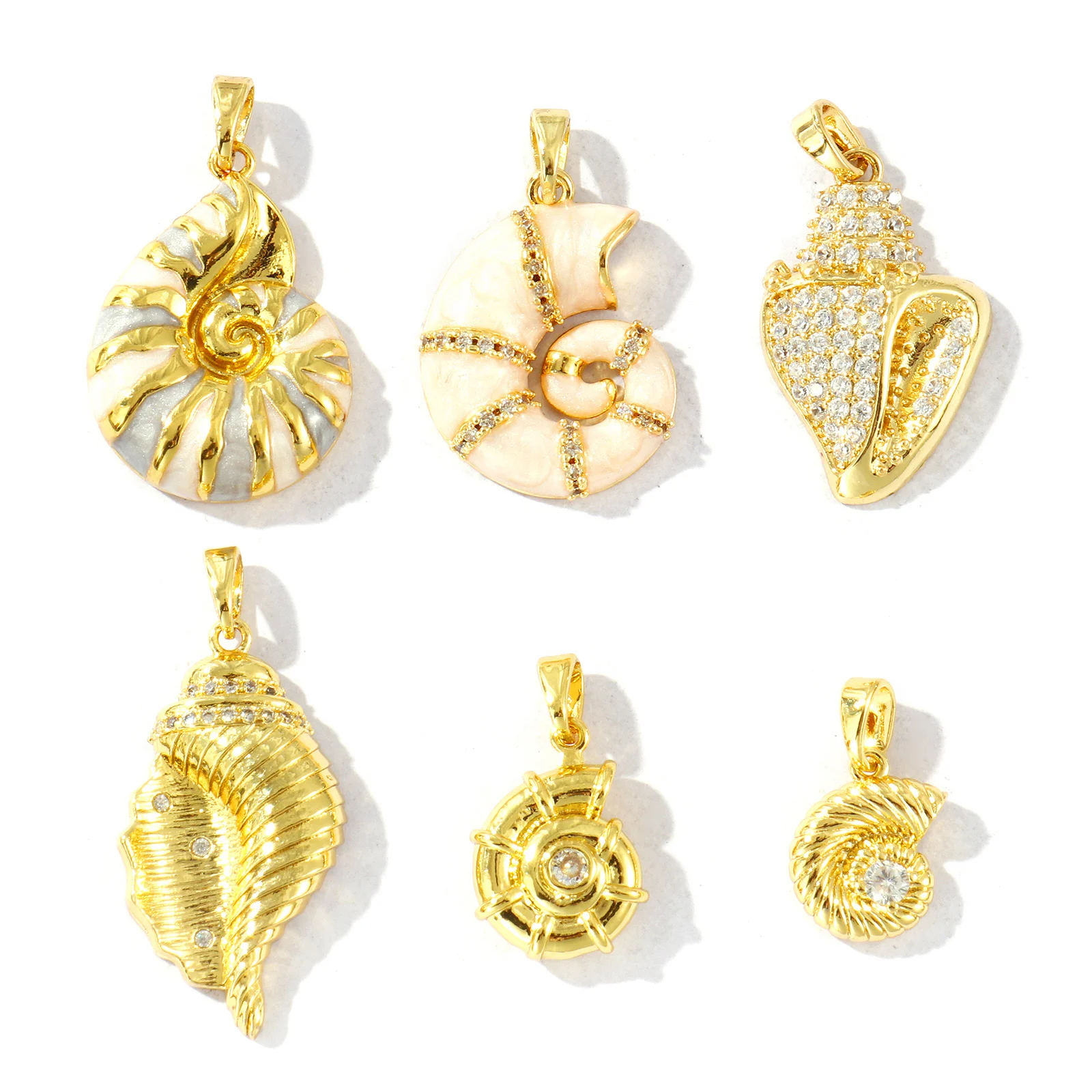 1 Peça Pingente de Joia Oceânica Concha/Escaravelho Marinho com Strass e Esmalte, em Latão Banhado a Ouro 18K, para Colar DIY