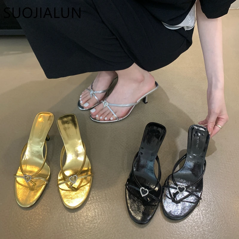 SUOJIALUN 2023 Summer New Women Slipper Fashion Narrow Band Ladies Elegant Sandal Shoes Thin High Heel Dress Slip  On Flip Flop