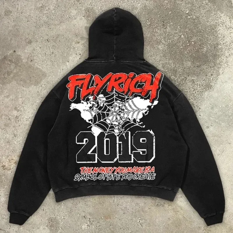 

Fly Get Rich Vintage Graphic Print Hoodie Sweatshirt Harajuku Gothic Y2K Hoodie Sweatshirt Mens Hip Hop Mummy Pullover Hoodie