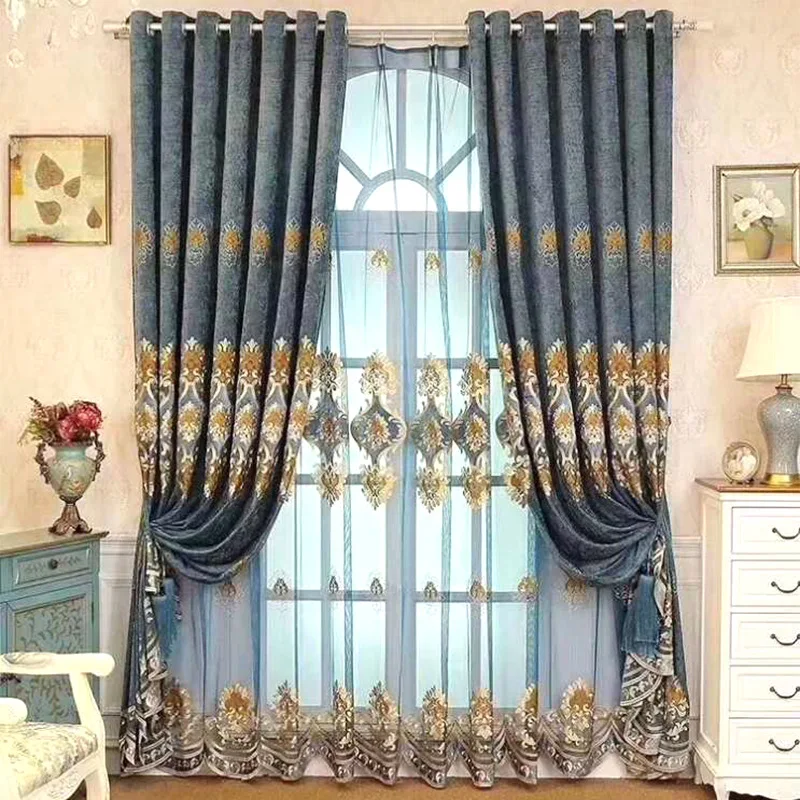 

Chenille Embroidery Curtains for Living Room European Style Various Colors Shading Curtain Embroidered Tulle Tassel Valance