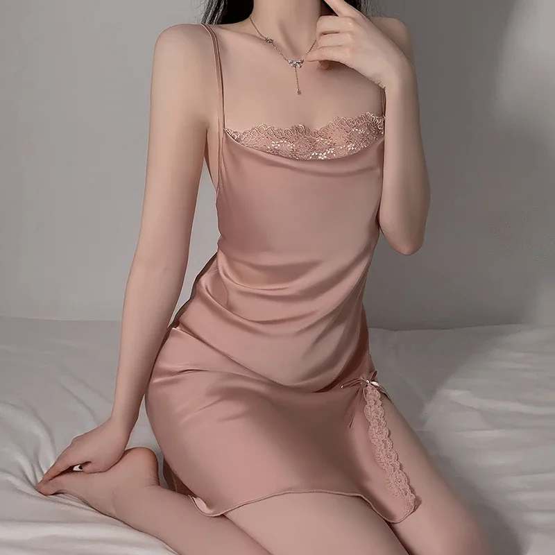 Marca REBEYULI 2025, ropa de dormir de satén, conjunto de camisón para mujer, bata de lujo con tirantes finos, vestido de dormir para mujer
