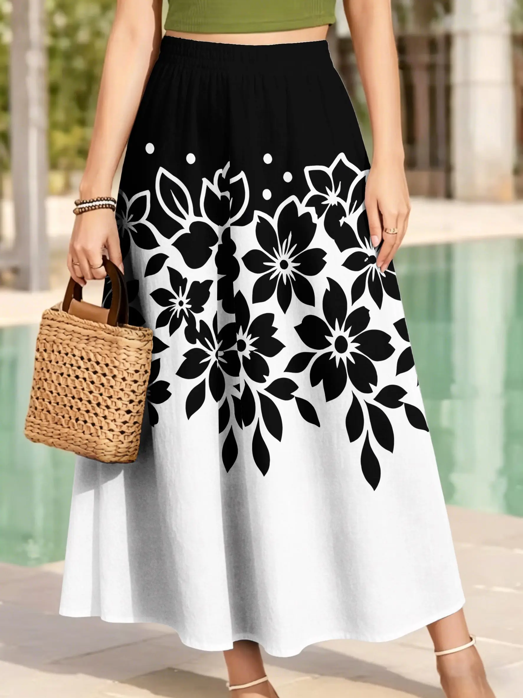 Women Floral & Cartoon Doodle Print Maxi Skirt Elastic High Waist  Flowy Long Skirt Summer Casual Holiday Beach Swing Skirts