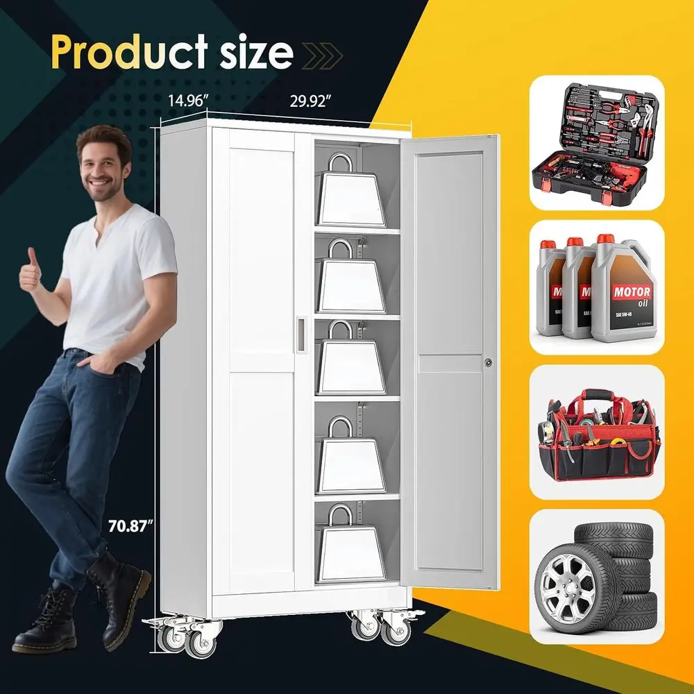 71H Tall Metal Garage Storage Cabinet with Wheels, 2 Doors and 4 Adjustable Shelves for Home Office, Warehouse, Required Assembl