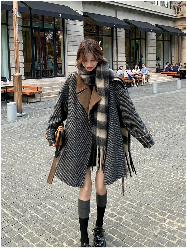 UNXX Vintage Winter Gray Coat Women Notched Collar Lace Up Loose Long Sleeves Jackets Korean Style New Blazer Women Clothing