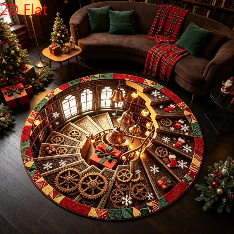 Steampunk Christmas Gears Bells Gifts Staircase Illusion Round Carpet For Holiday Library With Mechanical Wonder Carpet Magic